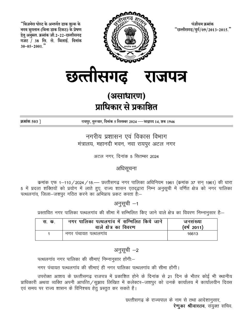 पत्थलगांव को नगर पालिका बनाने की अधिसूचना जारी, मुख्यमंत्री की घोषणा पर हुआ अमल