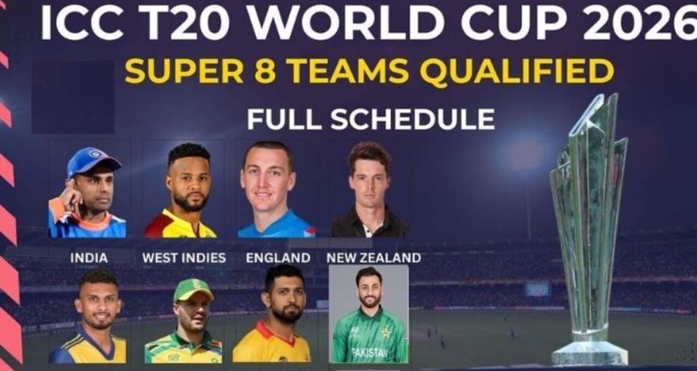 T20 वर्ल्ड कप सुपर-8 का धमाकेदार आगाज, 9 दिन और 12 मुकाबले — पूरा शेड्यूल जानें T20 वर्ल्ड कप सुपर-8 का धमाकेदार आगाज, 9 दिन और 12 मुकाबले — पूरा शेड्यूल जानें