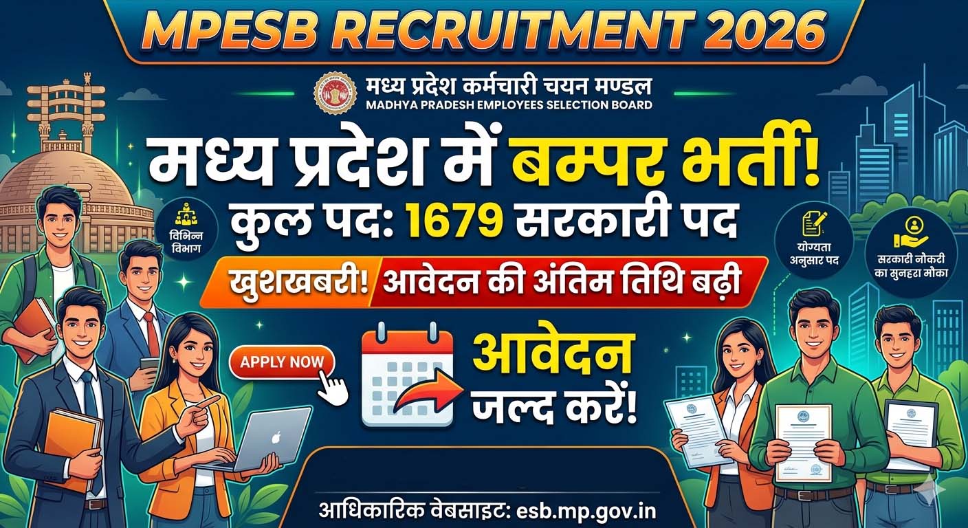 MPESB Recruitment 2026: 1679 सरकारी पदों पर भर्ती, आवेदन की आखिरी तारीख बढ़ी—जल्द करें अप्लाई MPESB Recruitment 2026: 1679 सरकारी पदों पर भर्ती, आवेदन की आखिरी तारीख बढ़ी—जल्द करें अप्लाई