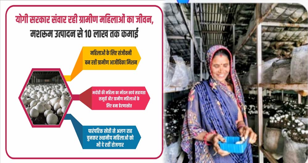 योगी सरकार संवार रही ग्रामीण महिलाओं का जीवन, मशरूम उत्पादन से 10 लाख तक कमाई योगी सरकार संवार रही ग्रामीण महिलाओं का जीवन, मशरूम उत्पादन से 10 लाख तक कमाई