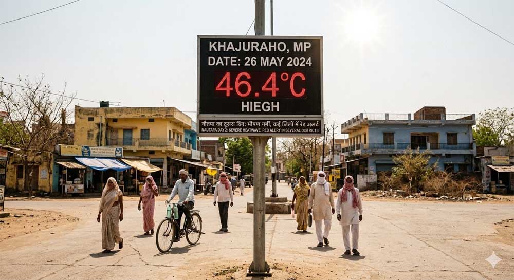 नौतपा का कहर: खजुराहो में पारा 46.4°C के पार, MP के कई जिलों में रेड अलर्ट जारी नौतपा का कहर: खजुराहो में पारा 46.4°C के पार, MP के कई जिलों में रेड अलर्ट जारी