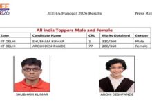 JEE Advanced 2026 में कोटा का जलवा, शुभम कुमार AIR 1 और कबीर छिल्लर AIR 2 बनकर छाए