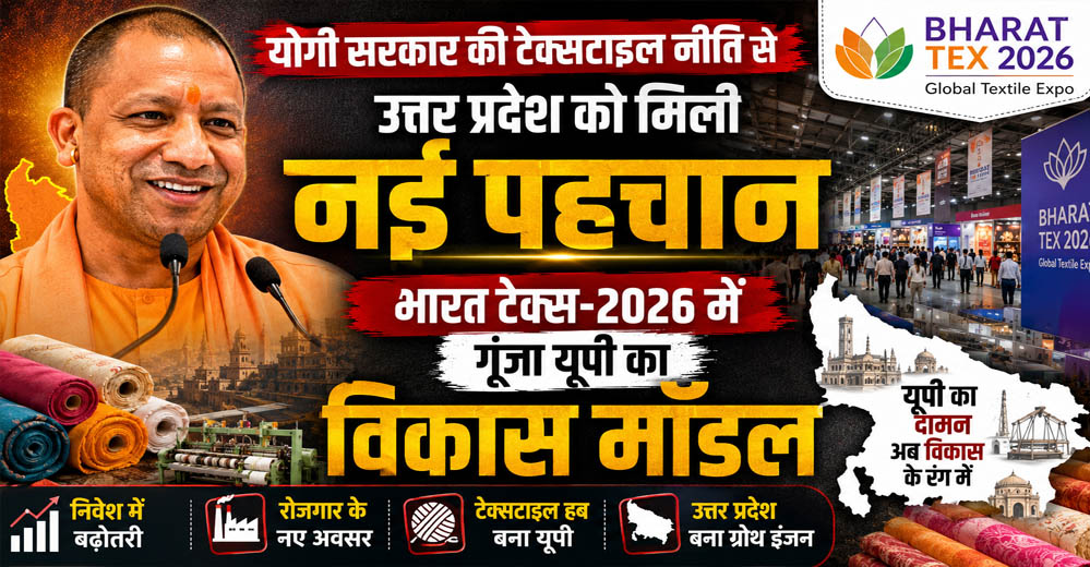 योगी सरकार की टेक्सटाइल नीति से उत्तर प्रदेश को मिली नई पहचान, भारत टेक्स-2026 में गूंजा यूपी का विकास मॉडल