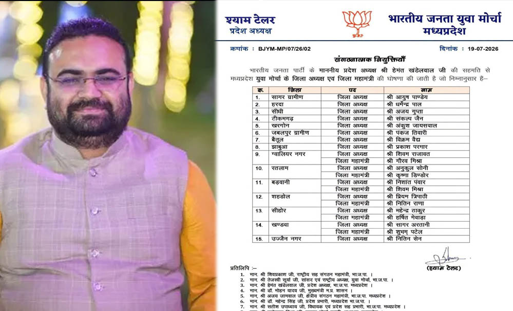 MP BJP: शहडोल में भाजयुमो की नई टीम घोषित, प्रियम त्रिपाठी को फिर मिली जिला अध्यक्ष की जिम्मेदारी MP BJP: शहडोल में भाजयुमो की नई टीम घोषित, प्रियम त्रिपाठी को फिर मिली जिला अध्यक्ष की जिम्मेदारी