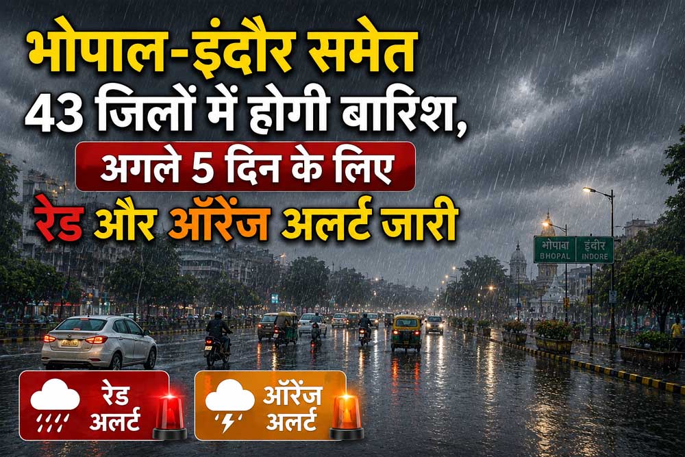 भोपाल-इंदौर समेत 43 जिलों में मूसलाधार बारिश का अलर्ट, अगले 5 दिन रेड और ऑरेंज चेतावनी जारी भोपाल-इंदौर समेत 43 जिलों में मूसलाधार बारिश का अलर्ट, अगले 5 दिन रेड और ऑरेंज चेतावनी जारी