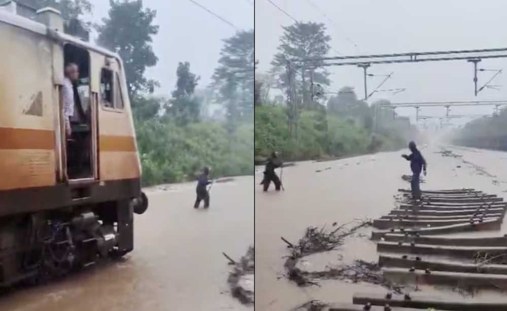 आगे लाल झंडी लेकर चला रेलकर्मी, पीछे 3 फीट पानी चीरती रही ट्रेन; सतना-मानिकपुर ट्रैक का VIDEO वायरल