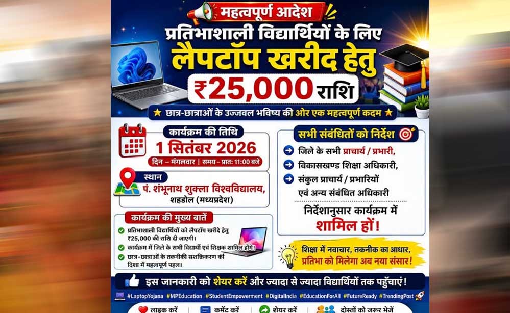 प्रदेश के लगभग 1 लाख 22 हजार विद्यार्थियों को लैपटॉप खरीदने के लिए मिलेंगे 25-25 हजार रुपये प्रदेश के लगभग 1 लाख 22 हजार विद्यार्थियों को लैपटॉप खरीदने के लिए मिलेंगे 25-25 हजार रुपये
