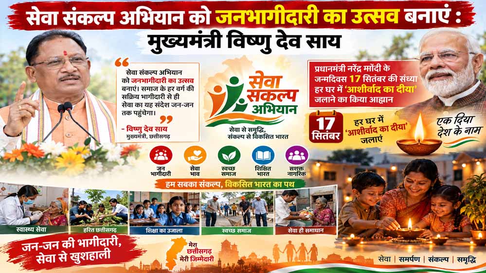 सेवा संकल्प अभियान को जनभागीदारी का उत्सव बनाएं : मुख्यमंत्री विष्णु देव साय सेवा संकल्प अभियान को जनभागीदारी का उत्सव बनाएं : मुख्यमंत्री विष्णु देव साय