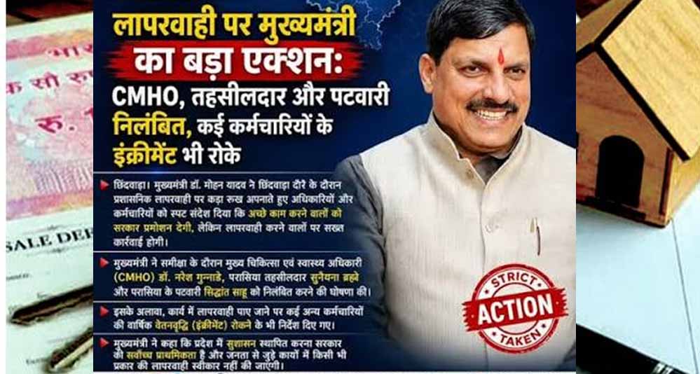MP में पटवारियों पर बड़ी कार्रवाई की तैयारी, स्वामित्व योजना में काम नहीं करने पर बर्खास्तगी का अल्टीमेटम MP में पटवारियों पर बड़ी कार्रवाई की तैयारी, स्वामित्व योजना में काम नहीं करने पर बर्खास्तगी का अल्टीमेटम